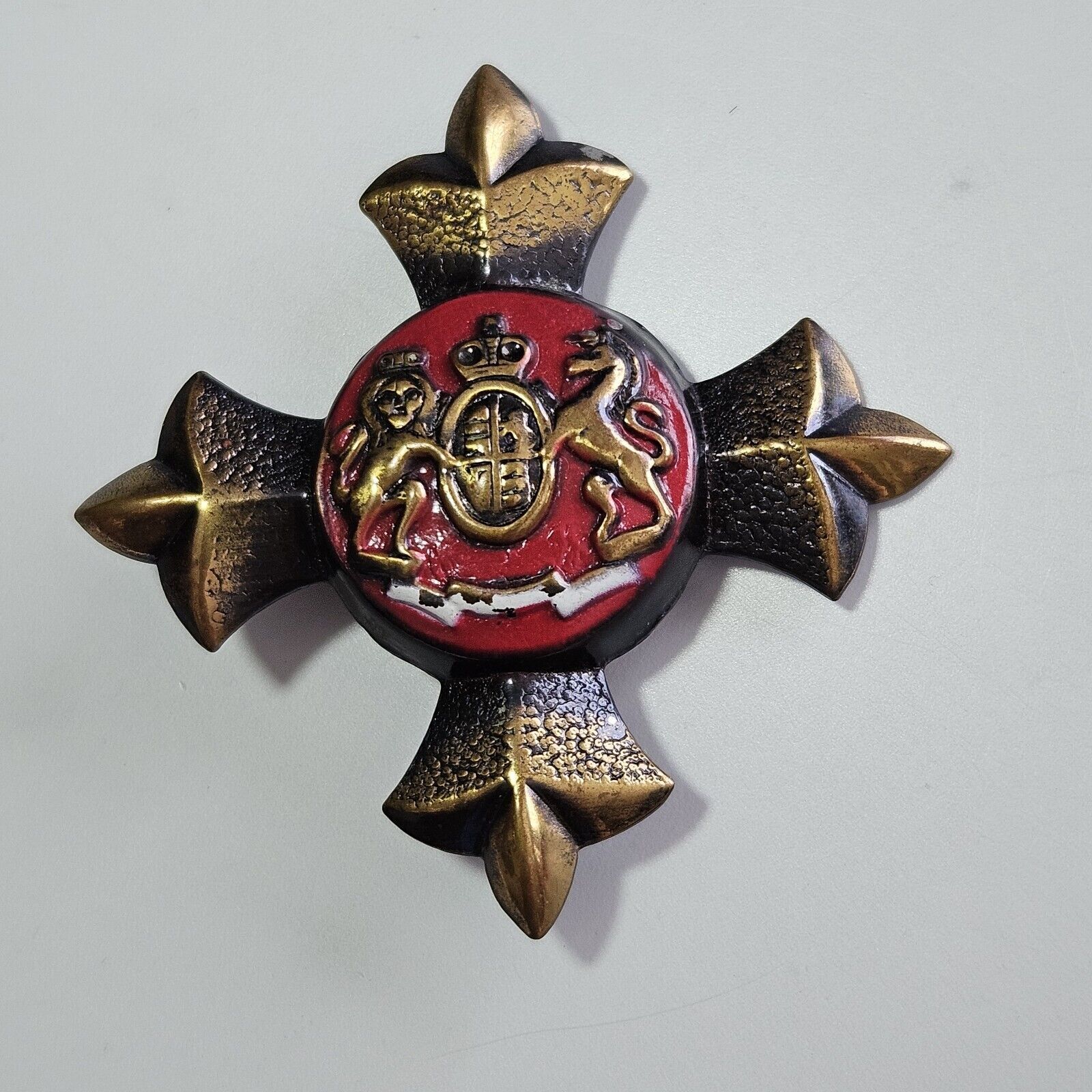 Vintage Gold Tone Red Enamel Crested Brooch